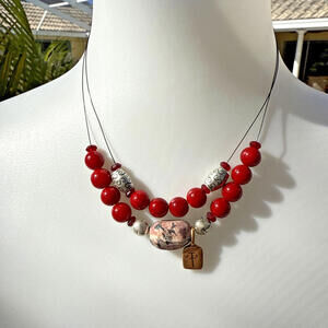 NWT Chico's Energy Jasper Stone Bead Necklace Red